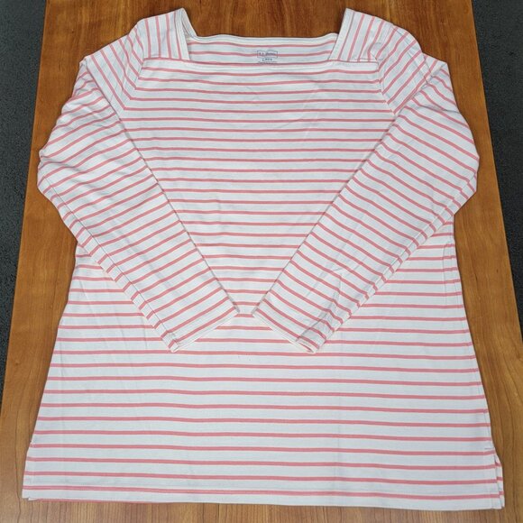 L.L. Bean Supima Cotton Peach White Striped Long Sleeve Square Neck Top - L - Picture 3 of 8
